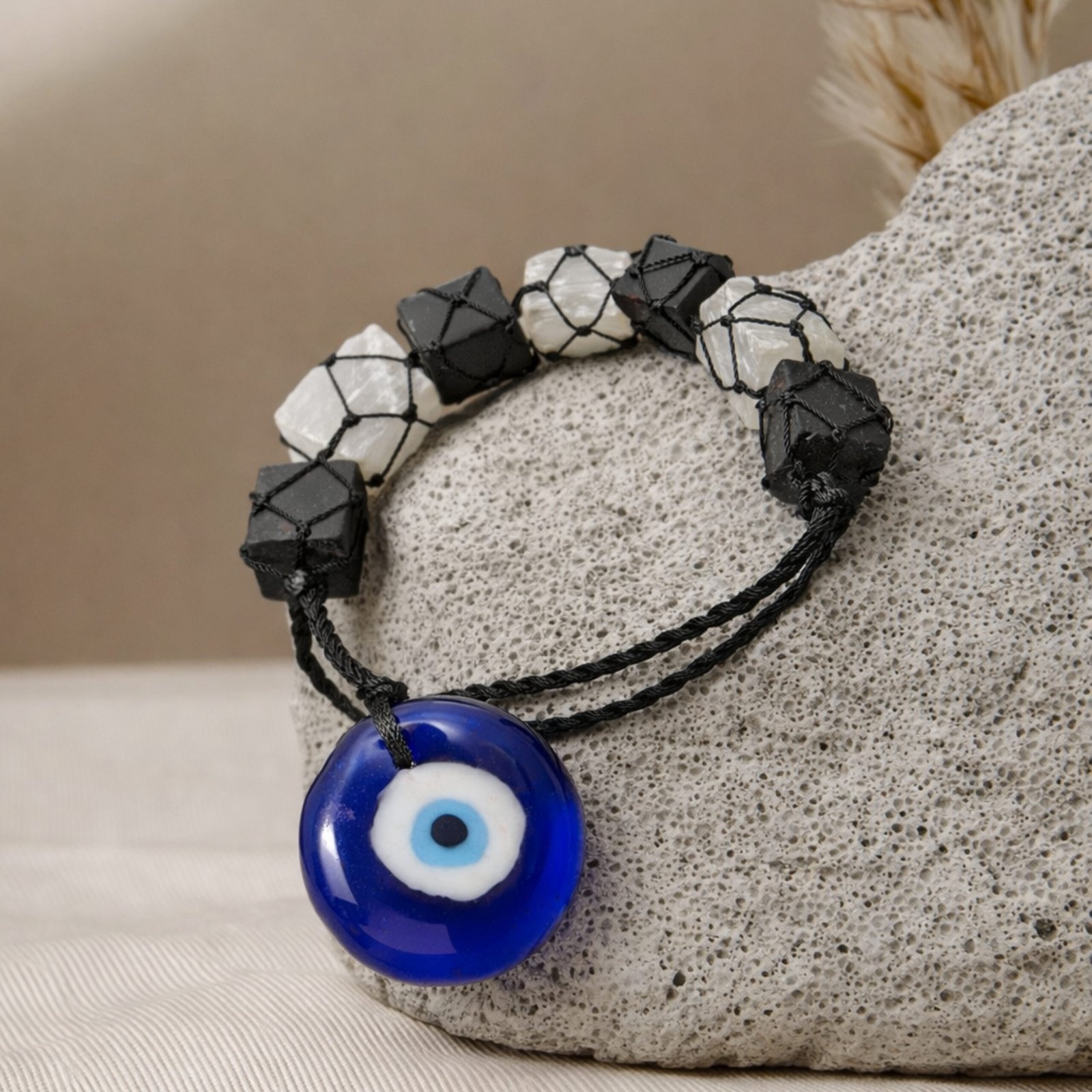Evil Eye Selenite and Black Tourmaline Hanger